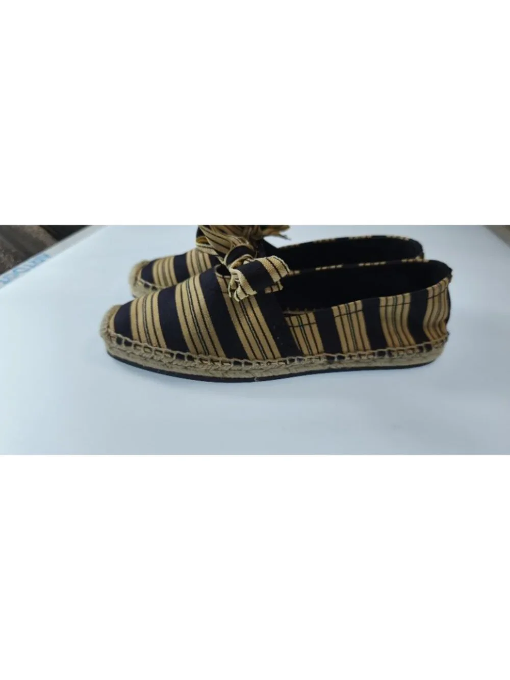 Tory Burch Canvas Lace Up Flat Espadrille Navy Latte Stripe Jute Womens Size 6